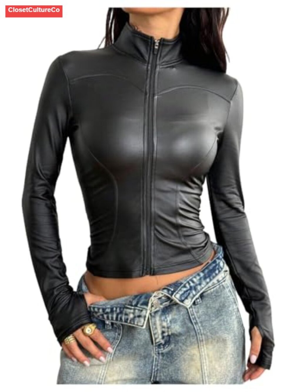 Faux Leather Cropped Moto Jacket Slim Fit Zip Front Y2K